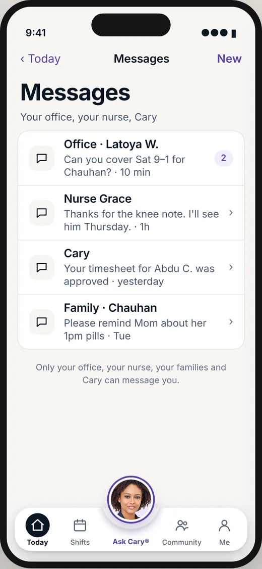 CareBravo caregiver screen: The office, the nurse and Cary in one thread.