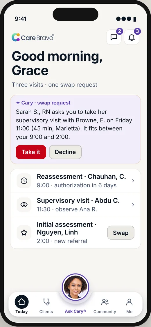 CareBravo on a phone: Good morning, Grace. A swap request Cary already matched.