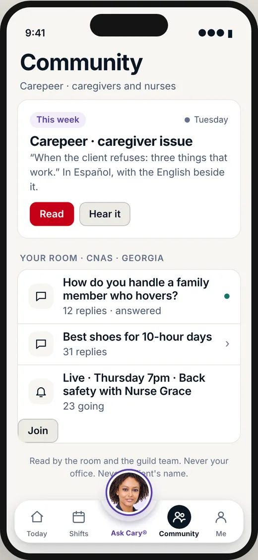Community screen for caregivers and nurses, with this week's issue and rooms for CNAs.