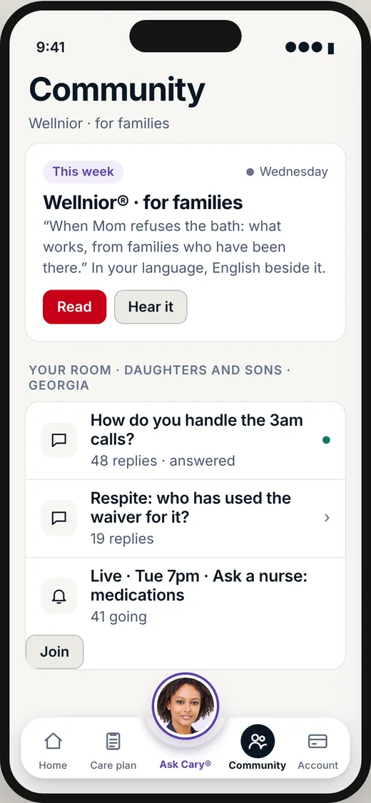 Community screen for families, with this week's newsletter and a room for daughters and sons.