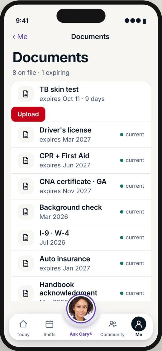 CareBravo caregiver screen: Every document on file, and the one expiring in nine days.