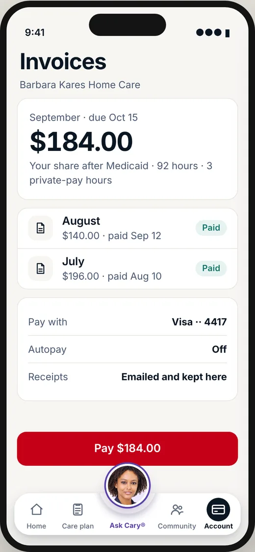CareBravo family screen: The invoice, in plain words, for the person who pays it.