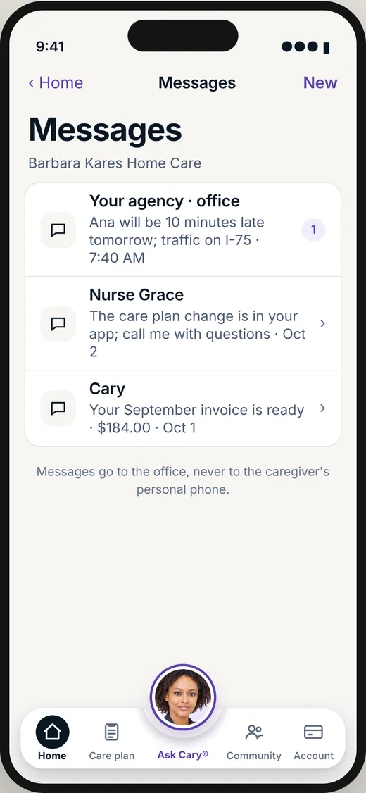 CareBravo family screen: Messages from your agency, in the app.