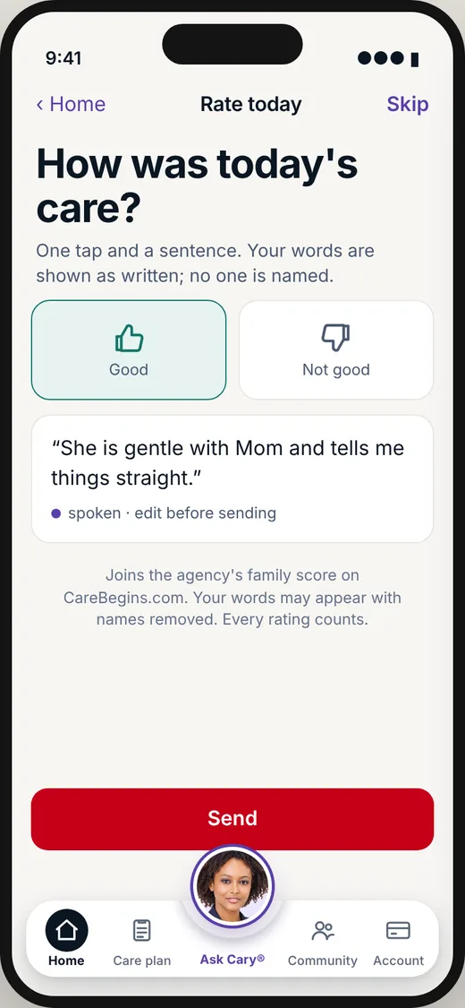 CareBravo family screen: One tap and a sentence: how was today&rsquo;s care?