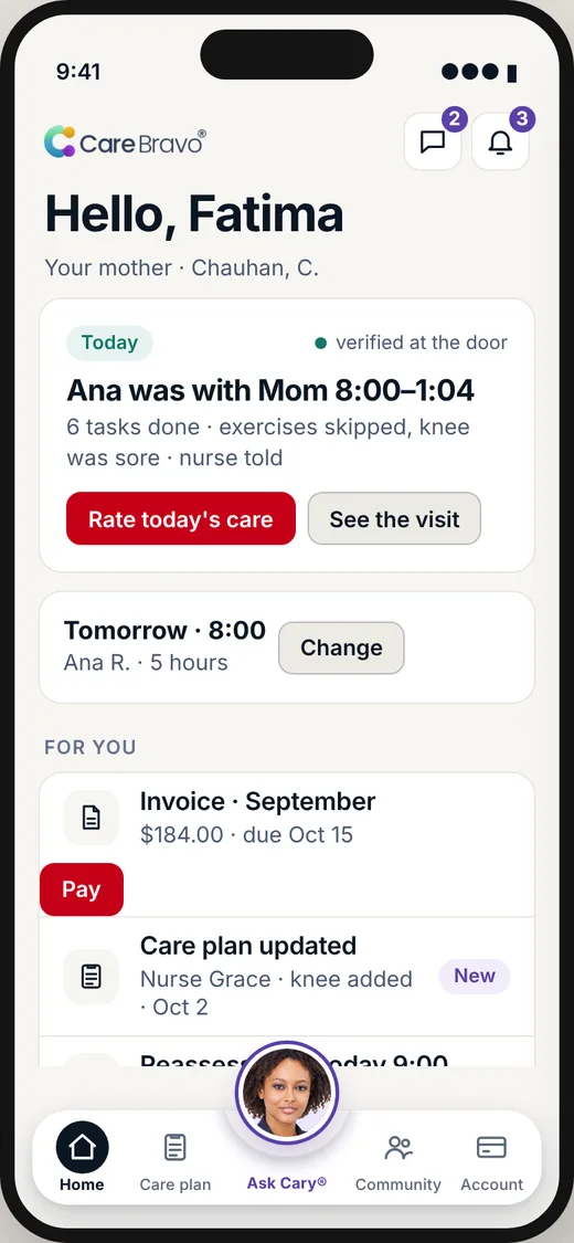CareBravo family screen: The daughter who never had to call.