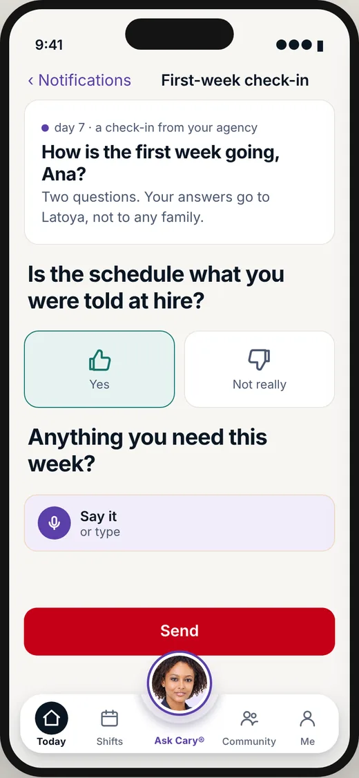 CareBravo caregiver screen: A first-week check-in from your agency.