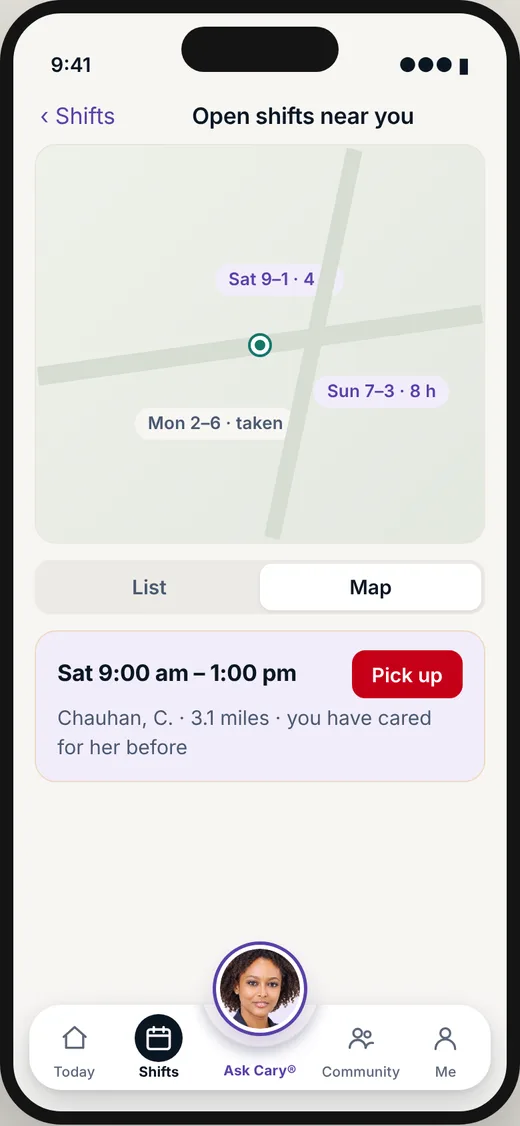 CareBravo caregiver screen: Open shifts near you.