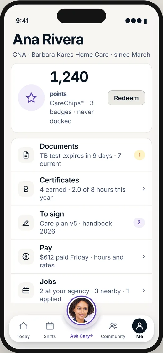 CareBravo caregiver screen: Her points for good deeds, and the badges she has earned. Never docked.