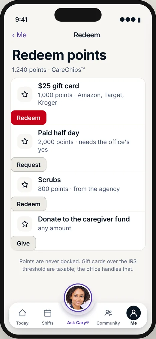 CareBravo caregiver screen: Points she can redeem for a gift card or paid time.