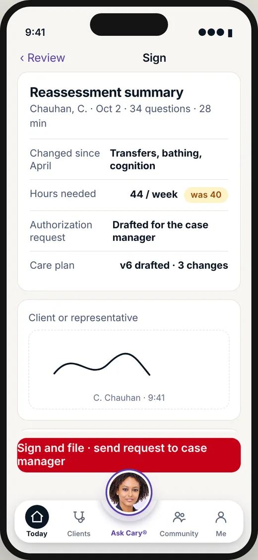 CareBravo nurse screen: Review the summary. Sign once.