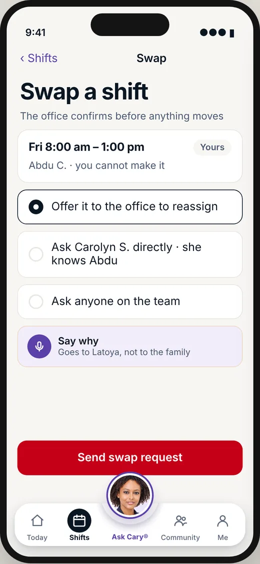 CareBravo caregiver screen: Swap a shift. The office confirms before anything moves.