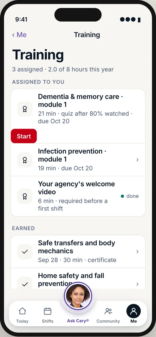 CareBravo caregiver screen: What is assigned to you, and what you have done.