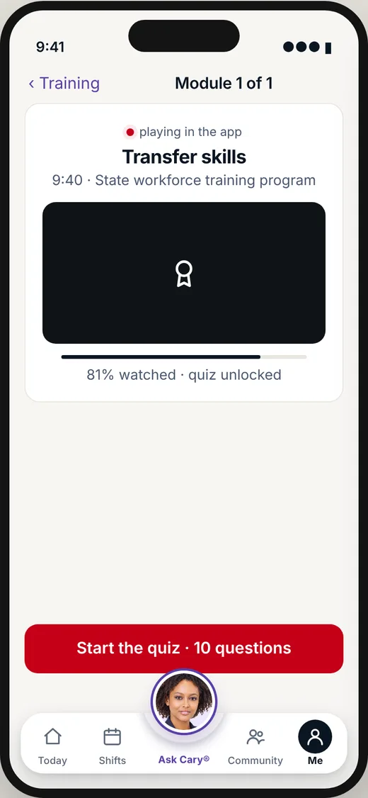 CareBravo caregiver screen: A module that plays in the app.