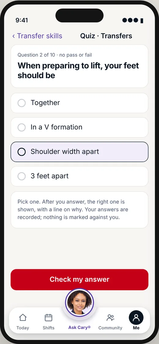 CareBravo caregiver screen: A quiz with no pass or fail.