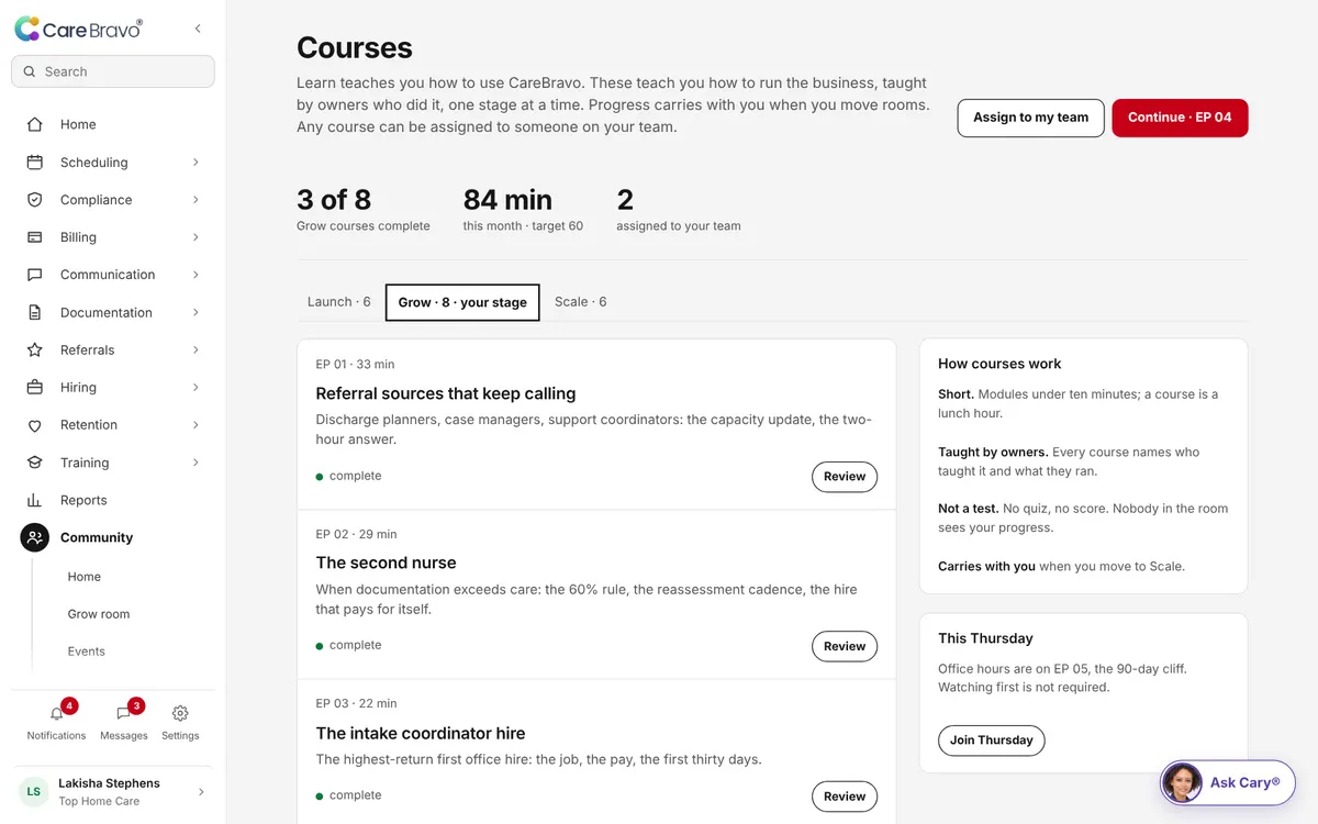 Community courses: short courses for owners with your progress kept.