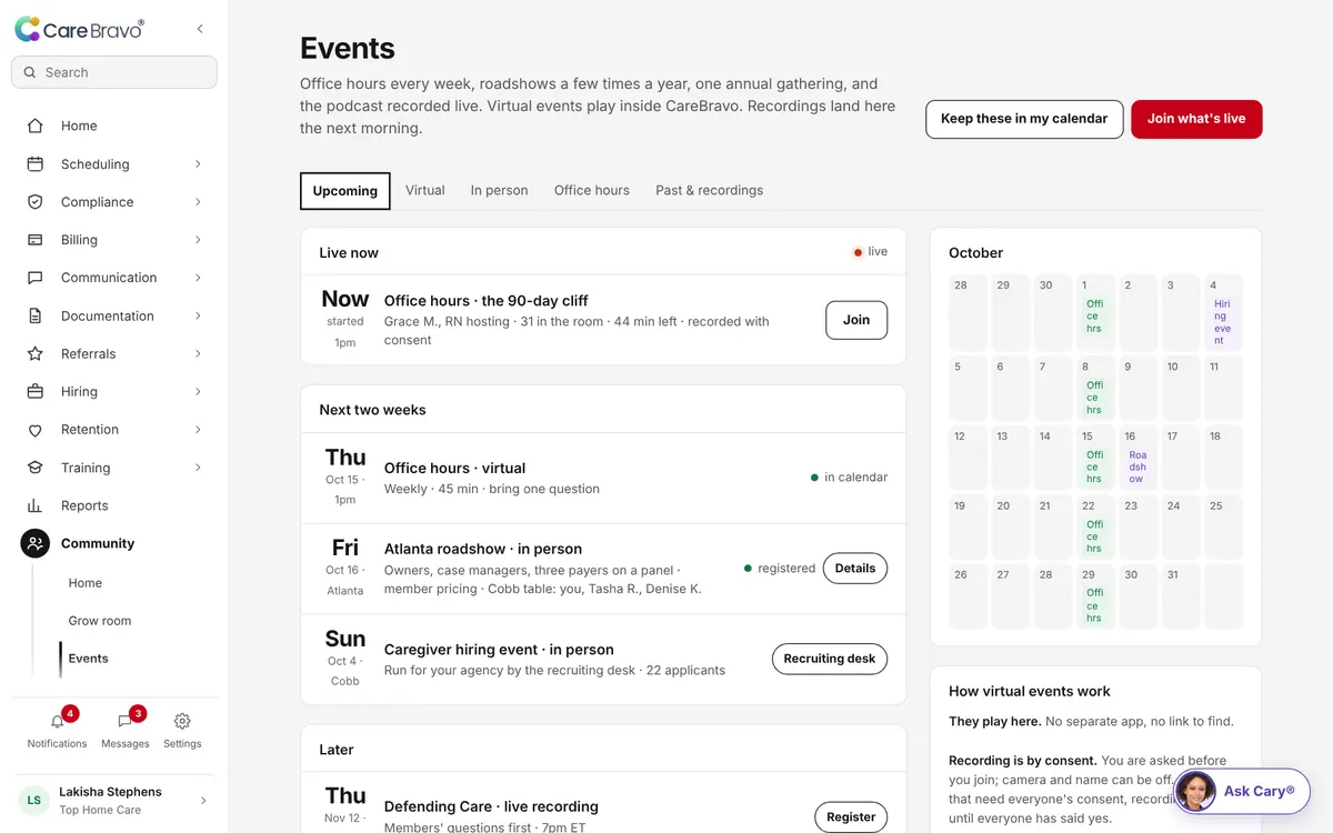 Community events: office hours, roadshows and live recordings on a calendar.