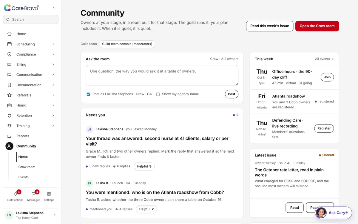 The Community room: a question to the room, a thread an owner answered, and this week's events.