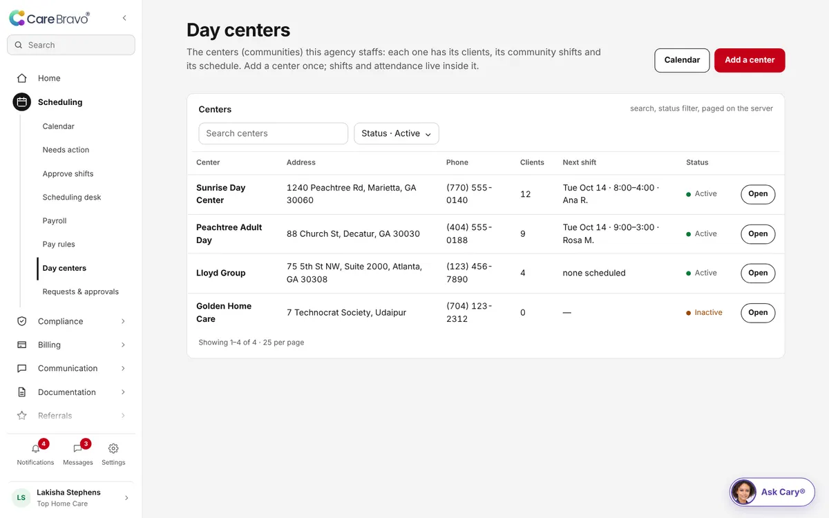 Adult day centers screen.