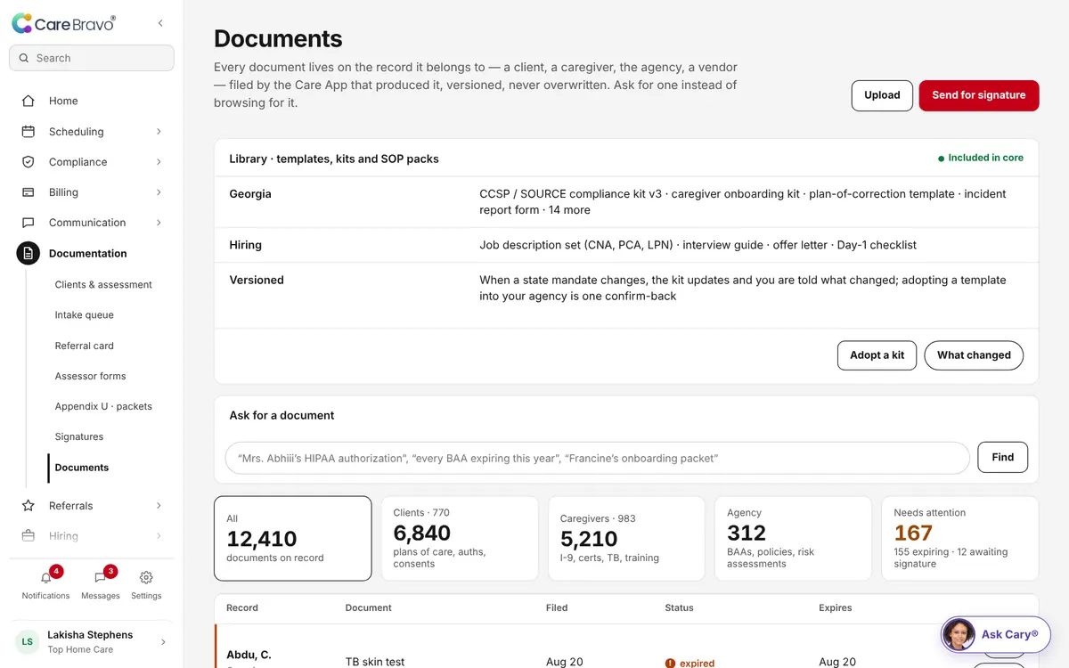 Every document on the record it belongs to, versioned, with who signed and when.