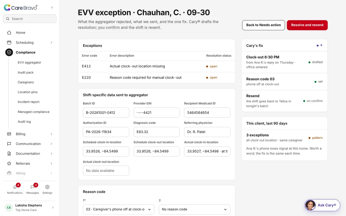 An EVV exception, explained in plain words, with the fix drafted for your Go ahead.