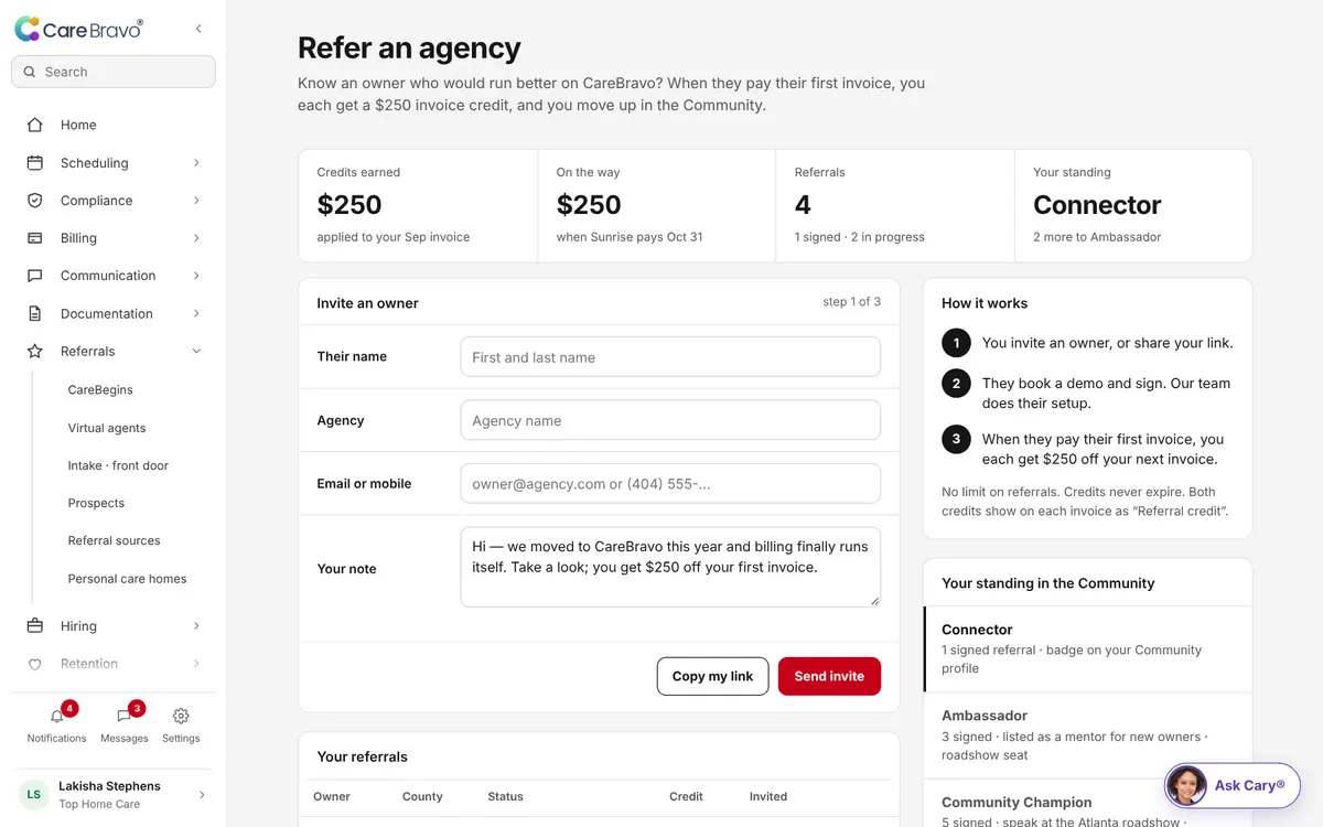 Refer an agency: credits earned, your standing in the Community, and the invite with your note.