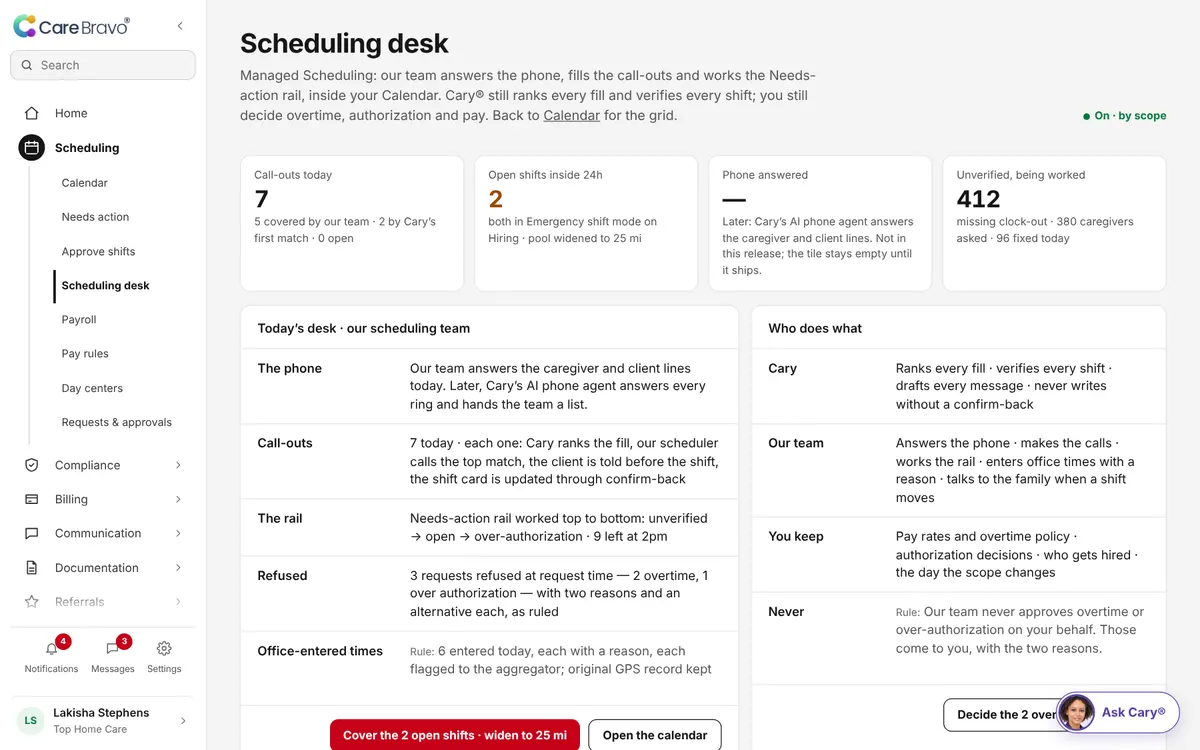 The scheduling desk for a home care agency.