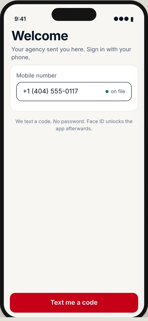 CareBravo caregiver screen: Your agency sent you here. Sign in with your phone.