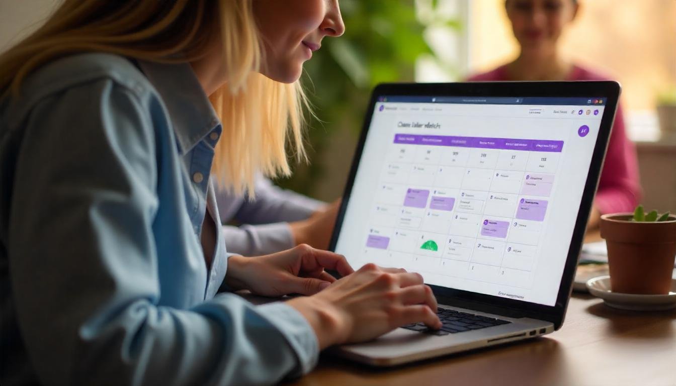 Pediatric care coordinator using AI-powered scheduling software on a laptop to match caregivers with GAPP patients based on availability and skill level.