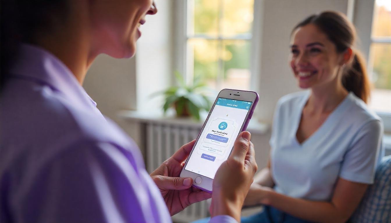 Caregiver using mobile app with EVV tracking for Georgia Medicaid compliance during a pediatric home visit. SEO Keywords Used: EVV Georgia Medicaid, GAPP provider compliance, pediatric home care