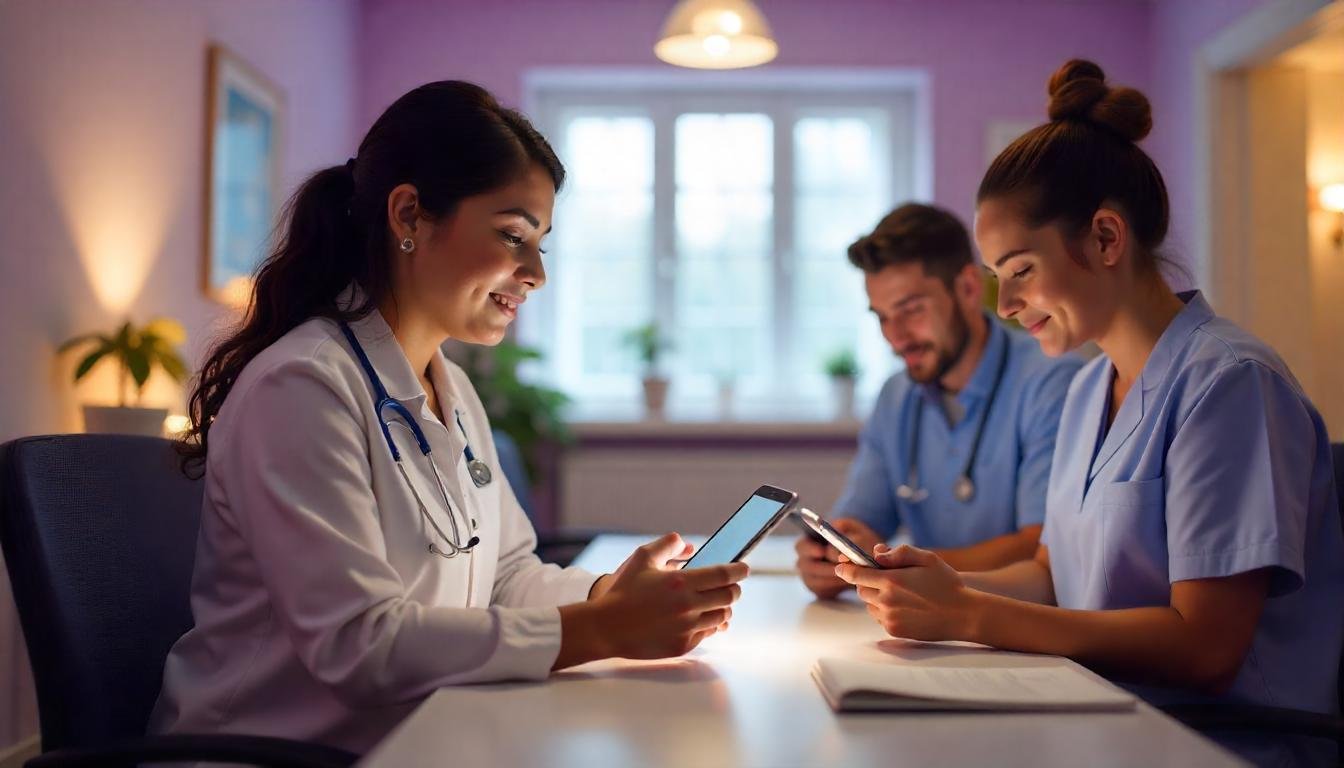 Pediatric care manager sending real-time team alerts through CareBravo platform, with caregivers receiving updates on smartphones.