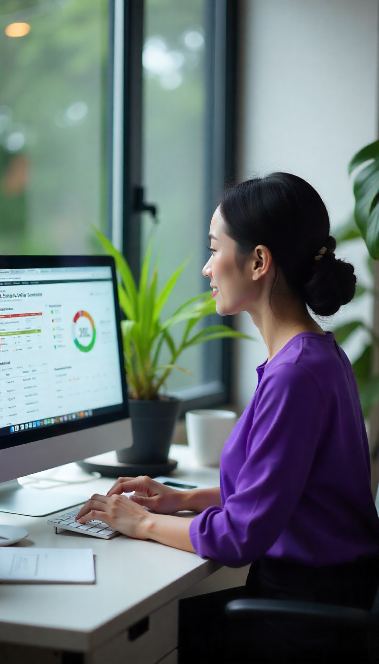 cargiver in purple dress using laptop