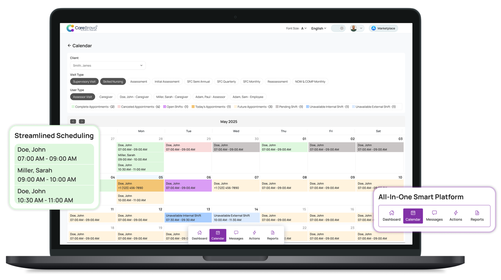 CareBravo dashboard for home care software showing real-time scheduling, compliance monitoring, billing automation, and team coordination on one unified platform