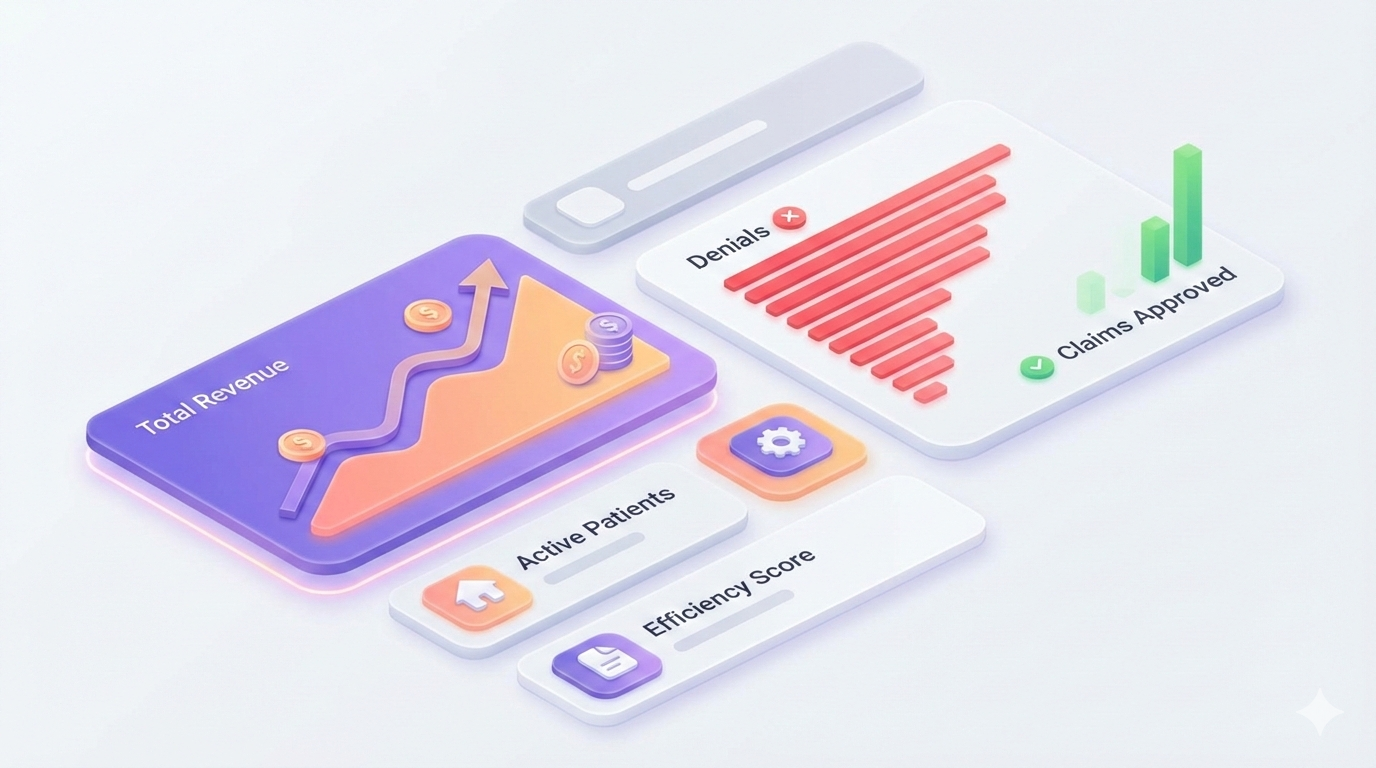 CareBravo performance-based pricing illustration showing analytics dashboard with revenue rising, claim denials shrinking and checkmarks, highlighting denial reduction ROI for home care agencies.