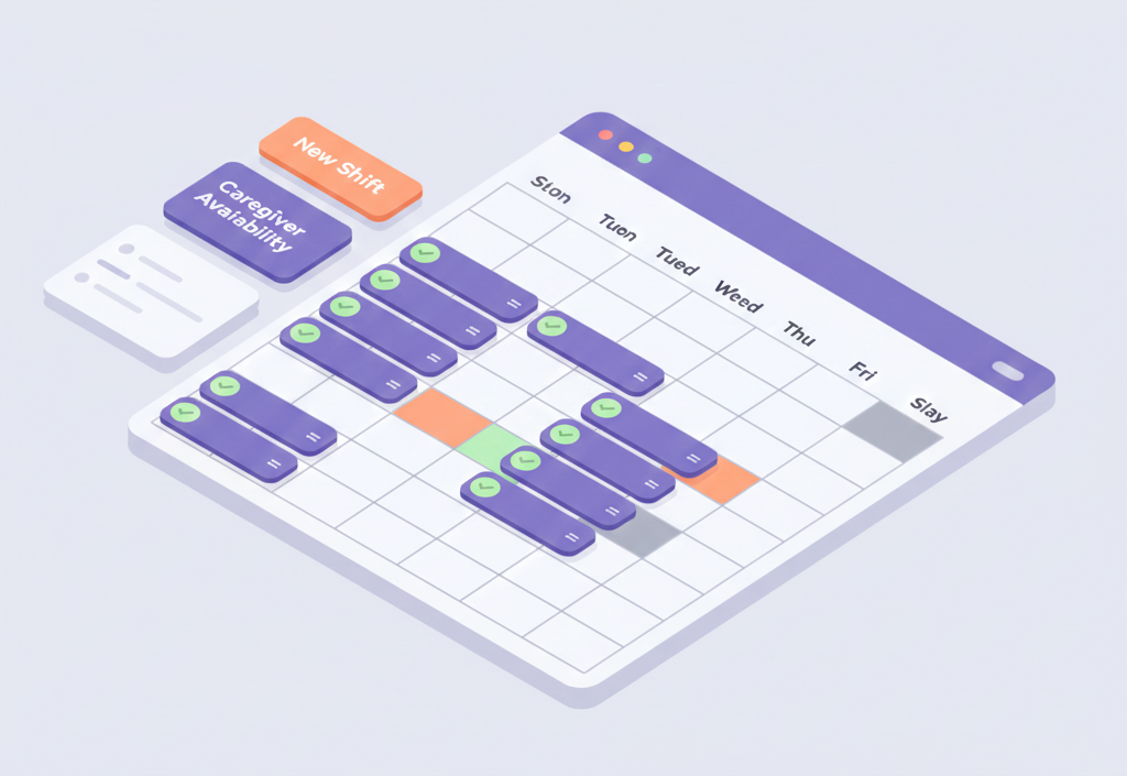 CareBravo scheduling dashboard illustration with weekly calendar and shifts filling up, green checkmarks and minimal unfilled blocks, visualizing improved shift fill rates and recovered revenue.
